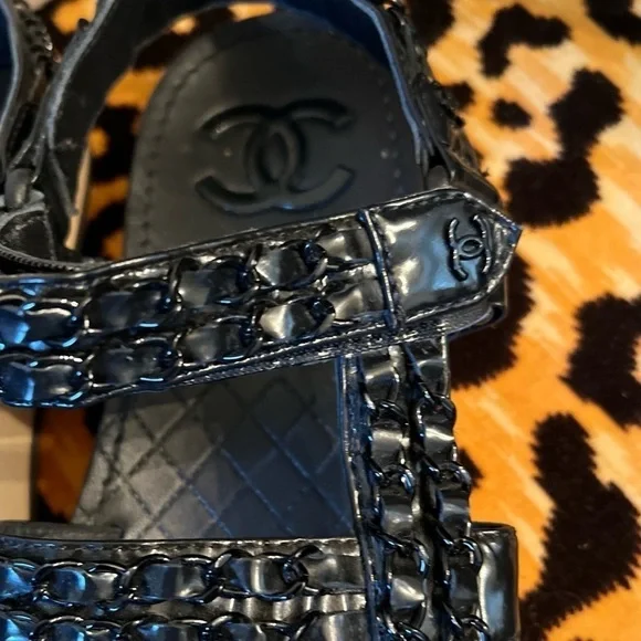 CHANEL Lambskin Chain Black on Black Quilted Dad Velcro Sandals - Picture 8 of 13